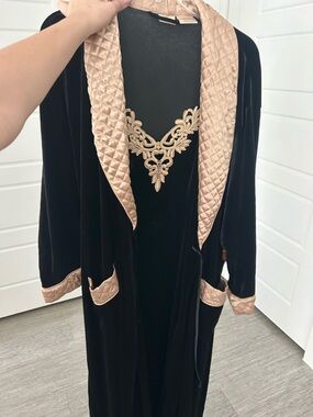 Black Velvet Long Robe with Champagne Quilted Trim by